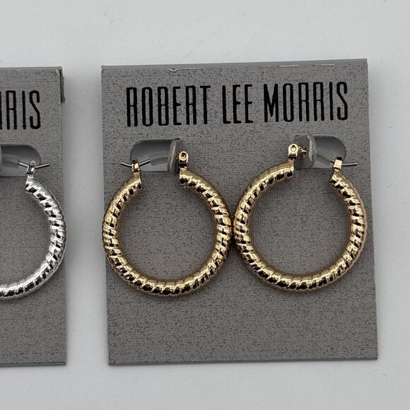 Robert Lee Morris Hoop Earrings Set of 2 Pairs Silver Gold Tone Textured NEW - Picture 4 of 9